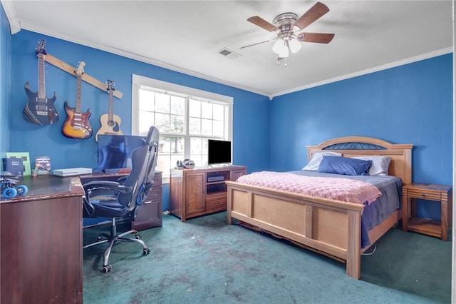1014 Alma Ave, Mulberry, AR 72947 - carpeted bedroom with crown molding, a desk, and a ceiling fan
