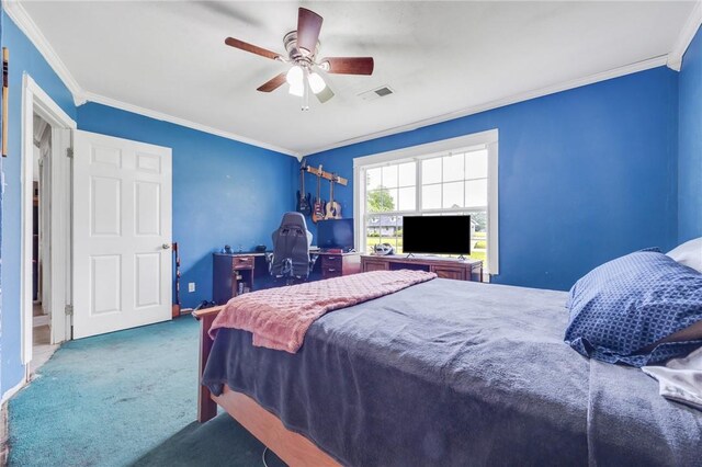 1014 Alma Ave, Mulberry, AR 72947 - carpeted bedroom with ornamental molding, a ceiling fan, and a desk