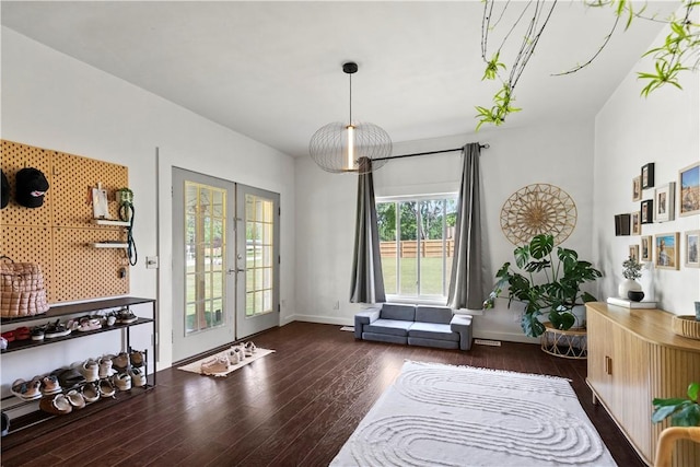 living area featuring wood finished floors, baseboards, and french doors