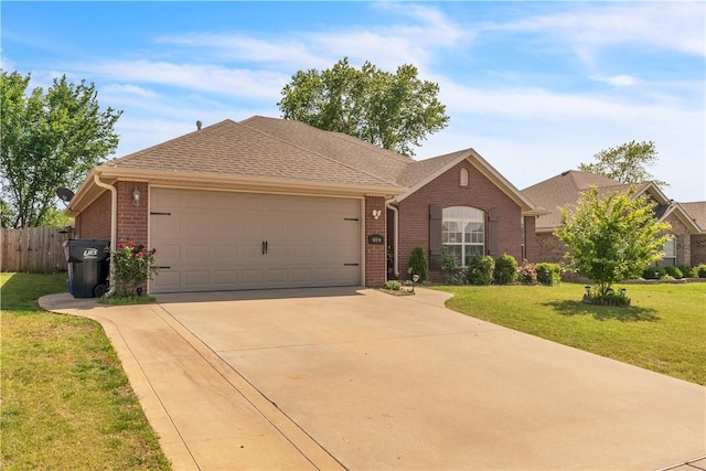 single story home with brick siding, a garage, driveway, and a shingled roof
