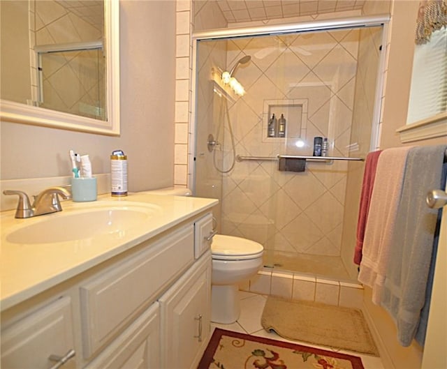 3001 Mcdonald Ave, Springdale, AR 72762 - bathroom featuring toilet, vanity, a shower stall, and tile patterned flooring