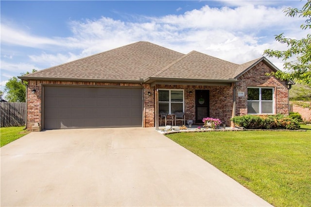 view of front of home with roof with shingles, a porch, an attached garage, brick siding, and concrete driveway