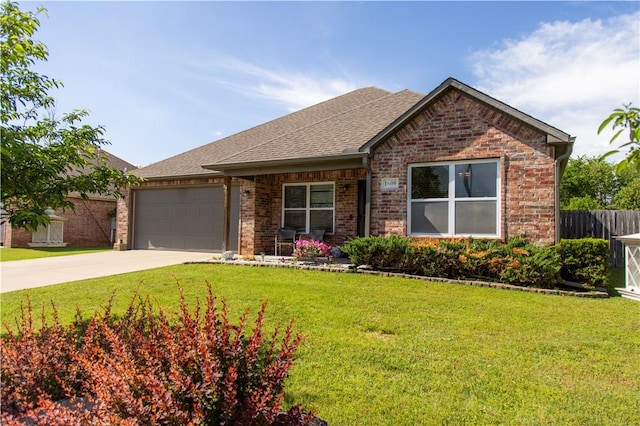 ranch-style house with an attached garage, concrete driveway, brick siding, and roof with shingles