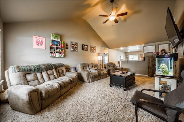 living room with ceiling fan, light carpet, and high vaulted ceiling