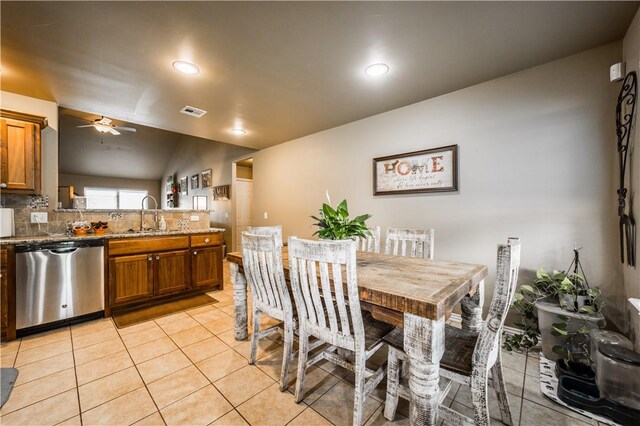 dining space featuring ceiling fan, light tile patterned floors, and recessed lighting