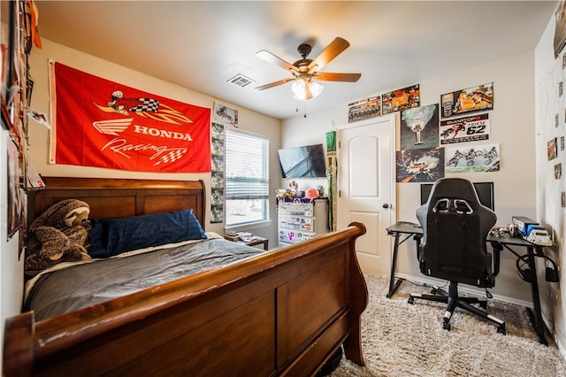 bedroom with carpet and a ceiling fan