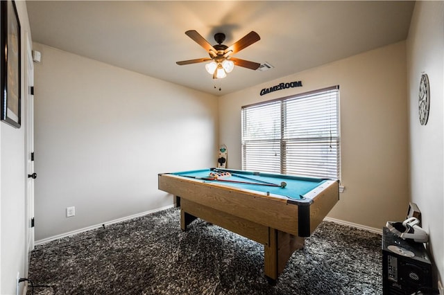 recreation room with ceiling fan, baseboards, billiards table, and carpet flooring