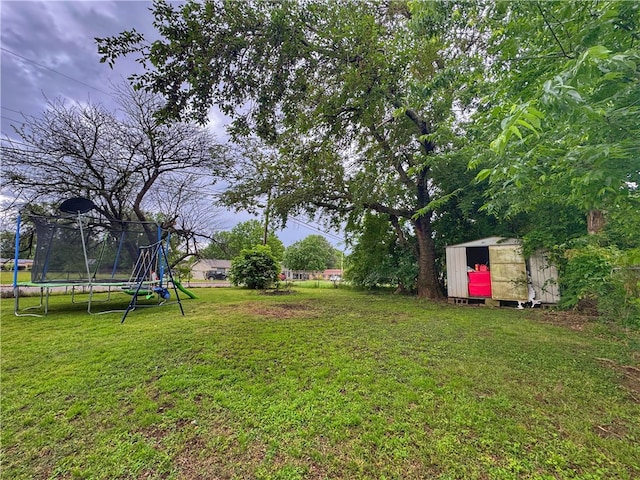 1008 E H St, Russellville, AR 72801 - view of green lawn with a storage shed, a trampoline, and an outbuilding