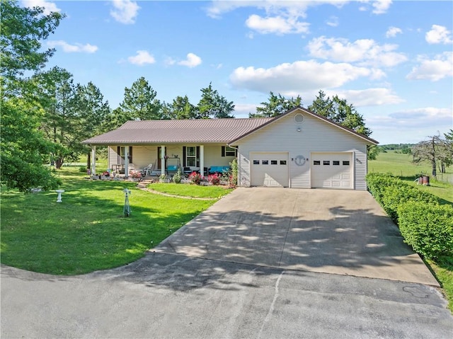 3277 Bellefonte Rd, Harrison, AR 72601 - ranch-style house with a porch, a garage, driveway, a front yard, and metal roof