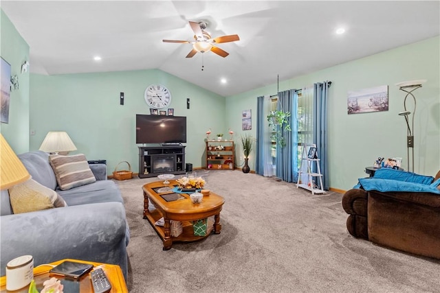3277 Bellefonte Rd, Harrison, AR 72601 - carpeted living room featuring a ceiling fan, vaulted ceiling, and baseboards