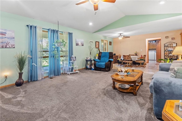 3277 Bellefonte Rd, Harrison, AR 72601 - living room with ceiling fan, vaulted ceiling, baseboards, carpet flooring, and washer / dryer