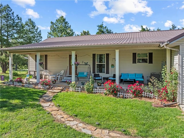 3277 Bellefonte Rd, Harrison, AR 72601 - view of front facade with outdoor lounge area, a front yard, metal roof, and a porch