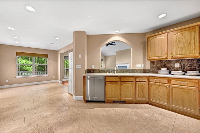 21 Sidlaw Hills Dr, Bella Vista, AR 72715 - kitchen with dishwasher, a sink, light tile patterned floors, recessed lighting, and backsplash