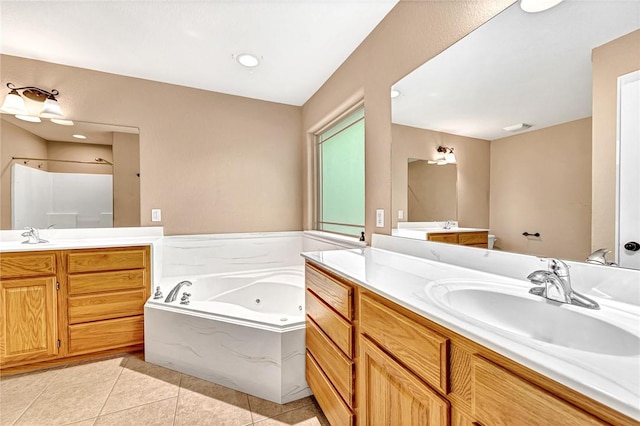 21 Sidlaw Hills Dr, Bella Vista, AR 72715 - bathroom with two vanities, a jetted tub, tile patterned floors, and a walk in shower