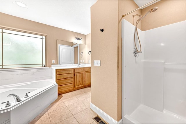 21 Sidlaw Hills Dr, Bella Vista, AR 72715 - full bath featuring a walk in shower, a garden tub, vanity, and tile patterned flooring