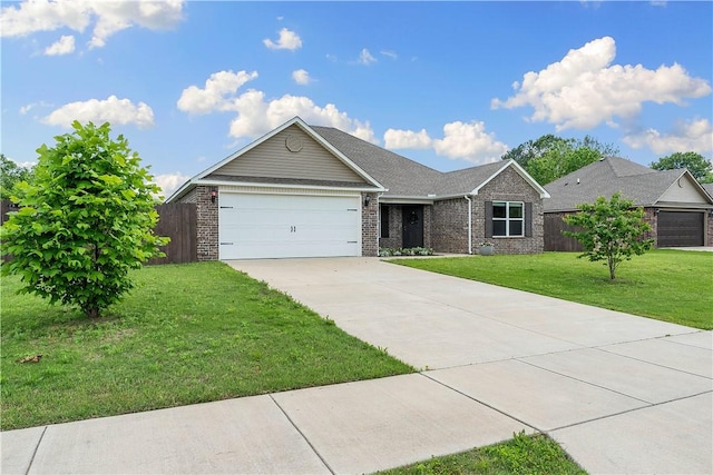 ranch-style house with brick siding, an attached garage, driveway, and a shingled roof