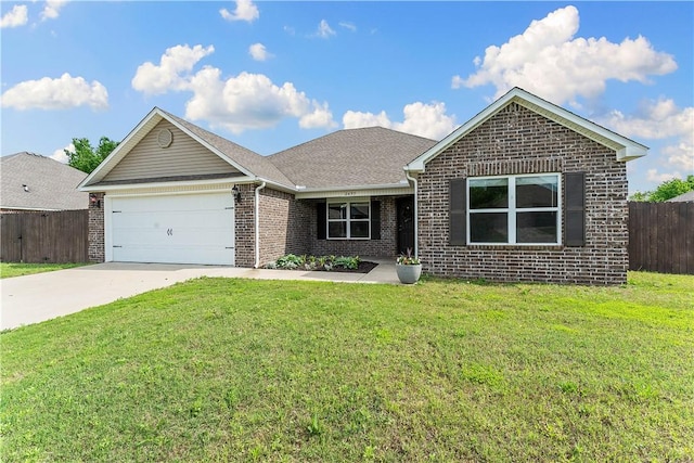 ranch-style house with brick siding, an attached garage, driveway, and roof with shingles