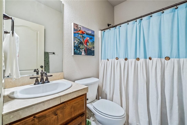 full bath featuring toilet, vanity, and a textured wall
