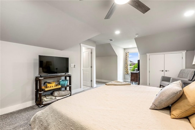 carpeted bedroom with baseboards, ceiling fan, recessed lighting, and a closet
