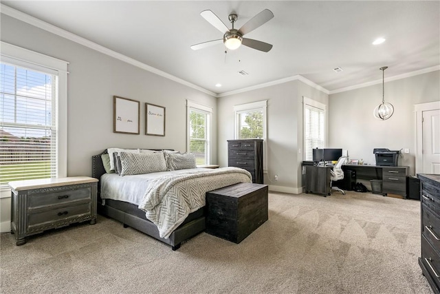bedroom with light carpet, a desk, ornamental molding, recessed lighting, and baseboards