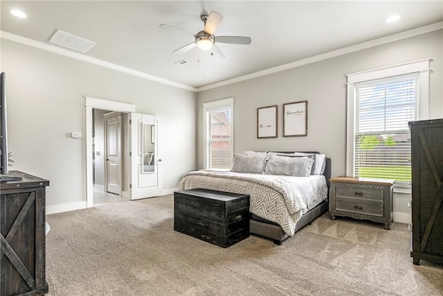 bedroom featuring light carpet, ornamental molding, baseboards, recessed lighting, and a ceiling fan