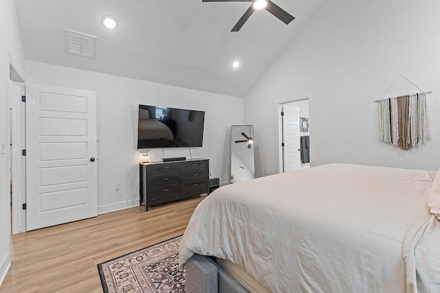 bedroom with wood finished floors, baseboards, recessed lighting, a ceiling fan, and high vaulted ceiling