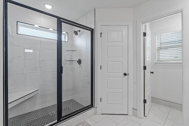 full bathroom featuring plenty of natural light, a stall shower, marble look tile flooring, baseboards, and recessed lighting