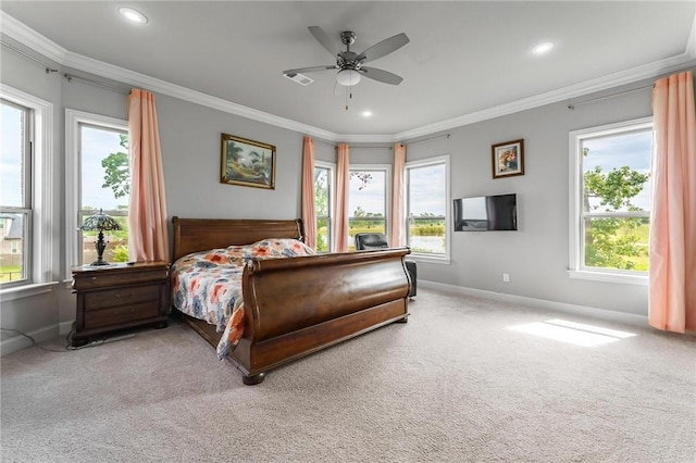 bedroom featuring baseboards, carpet floors, multiple windows, recessed lighting, and crown molding