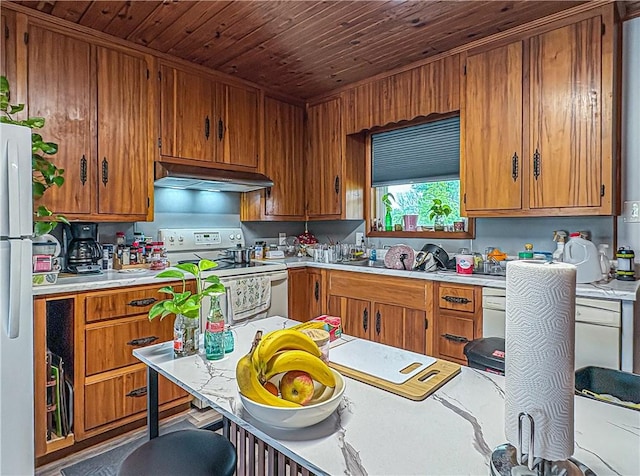 239 Mc 7043, Flippin, AR 72634 - kitchen with white range with electric stovetop, under cabinet range hood, light countertops, wood ceiling, and freestanding refrigerator
