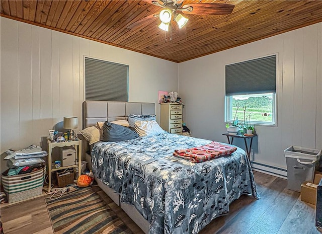 239 Mc 7043, Flippin, AR 72634 - bedroom featuring a baseboard radiator, wood ceiling, wood-type flooring, ceiling fan, and ornamental molding