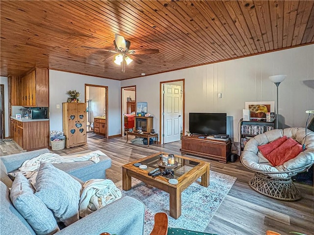 239 Mc 7043, Flippin, AR 72634 - living room featuring light wood-style flooring, ceiling fan, wood ceiling, and crown molding