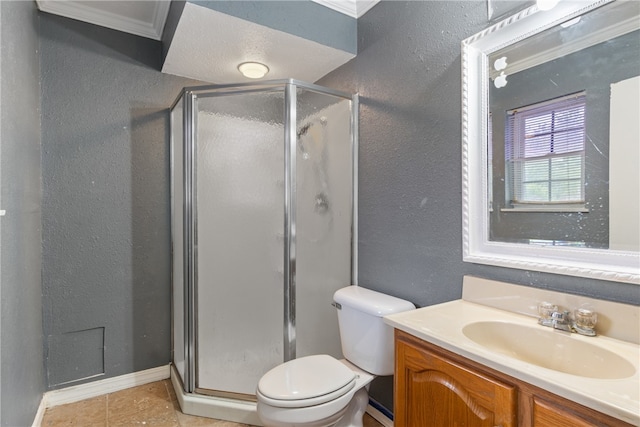 1207 SE E St, Bentonville, AR 72712 - bathroom featuring a textured wall, a stall shower, vanity, toilet, and tile patterned flooring
