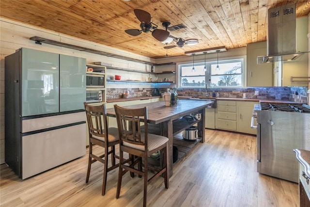2193 Nevada 18 Rd, Prescott, AR 71857 - kitchen with wood ceiling, island exhaust hood, ceiling fan, open shelves, and light wood-style flooring