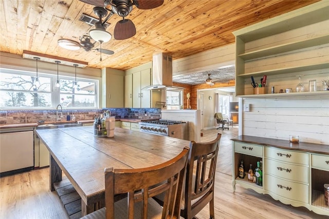 2193 Nevada 18 Rd, Prescott, AR 71857 - dining space with a ceiling fan, wood ceiling, and light wood-type flooring