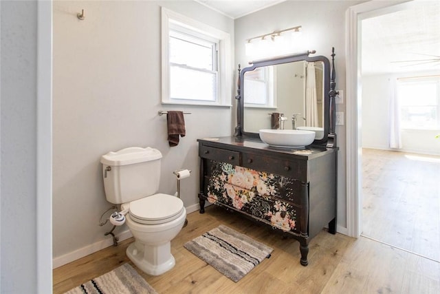 2193 Nevada 18 Rd, Prescott, AR 71857 - bathroom with wood finished floors, toilet, vanity, and baseboards