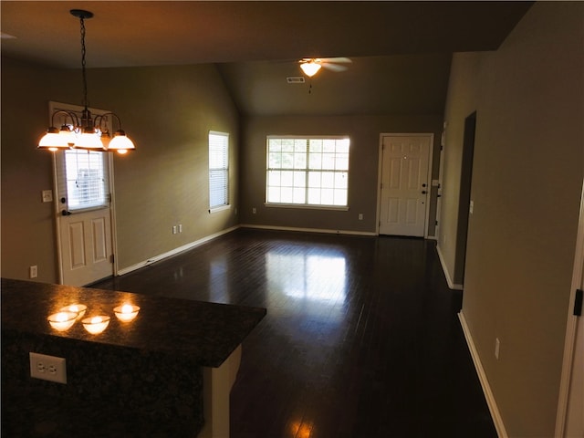 3804 Gibson Ave, Bentonville, AR 72712 - foyer entrance with dark wood finished floors, ceiling fan, baseboards, a chandelier, and lofted ceiling