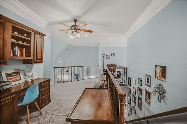 11136 W Stonebriar Dr, Bentonville, AR 72712 - office space with a ceiling fan, ornamental molding, carpet flooring, and built in desk