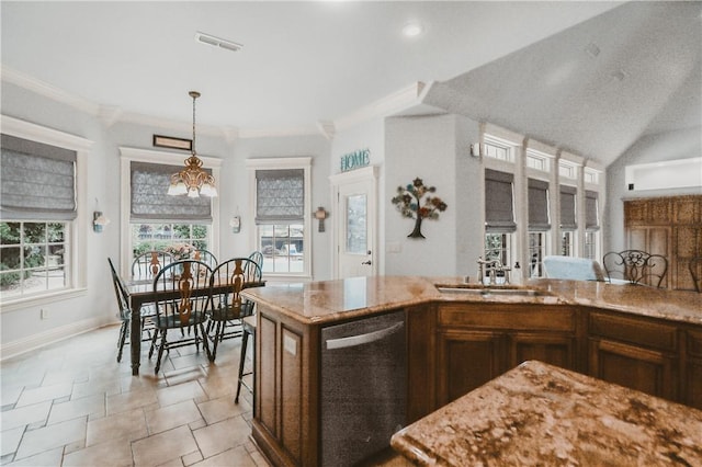 11136 W Stonebriar Dr, Bentonville, AR 72712 - kitchen with stainless steel dishwasher, a sink, light stone counters, hanging light fixtures, and ornamental molding