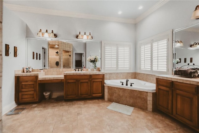 11136 W Stonebriar Dr, Bentonville, AR 72712 - bathroom with a garden tub, vanity, tiled shower, crown molding, and tile patterned floors