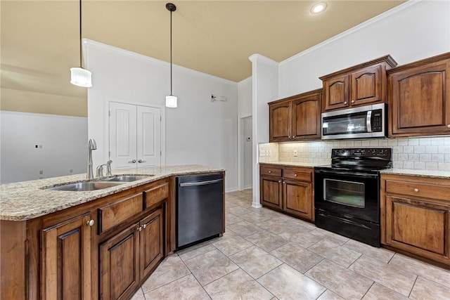 3658 W Mountain View Dr, Fayetteville, AR 72704 - kitchen with stainless steel appliances, a sink, backsplash, crown molding, and pendant lighting