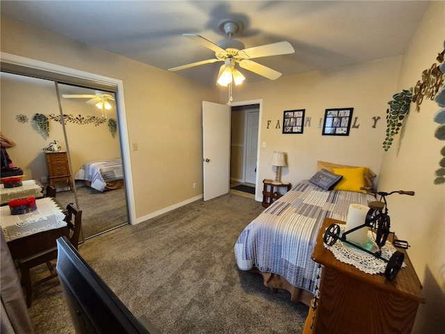 bedroom with carpet flooring, a closet, a ceiling fan, and baseboards