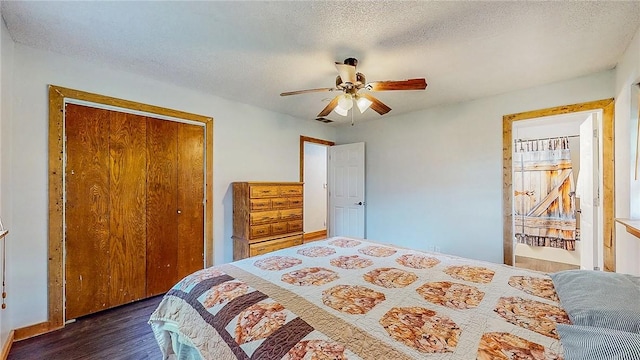 bedroom with wood finished floors, a closet, a textured ceiling, a ceiling fan, and baseboards