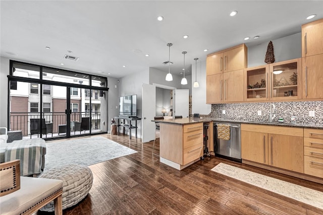 401 W Watson St Unit 408, Fayetteville, AR 72701 - kitchen with dishwasher, light brown cabinetry, a peninsula, open floor plan, and recessed lighting