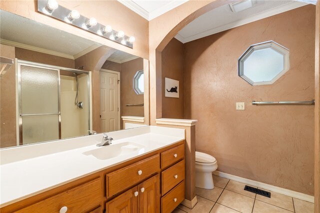 10 Forfar Cir, Bella Vista, AR 72715 - bathroom with a stall shower, crown molding, toilet, vanity, and tile patterned floors