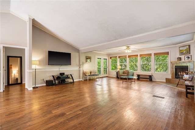 10 Forfar Cir, Bella Vista, AR 72715 - living room with ornamental molding, lofted ceiling, wood finished floors, ceiling fan, and baseboards