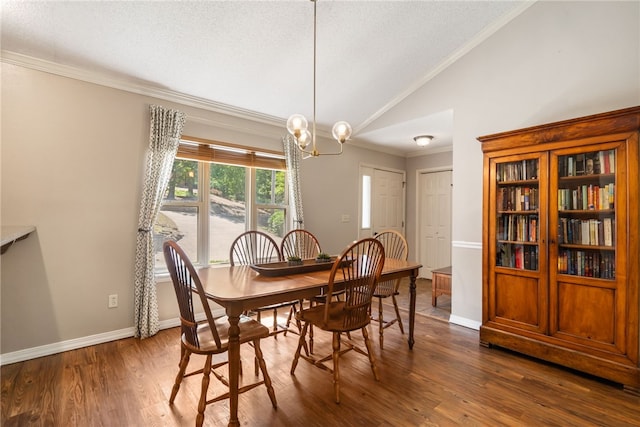 10 Forfar Cir, Bella Vista, AR 72715 - dining space with vaulted ceiling, ornamental molding, wood finished floors, baseboards, and a chandelier