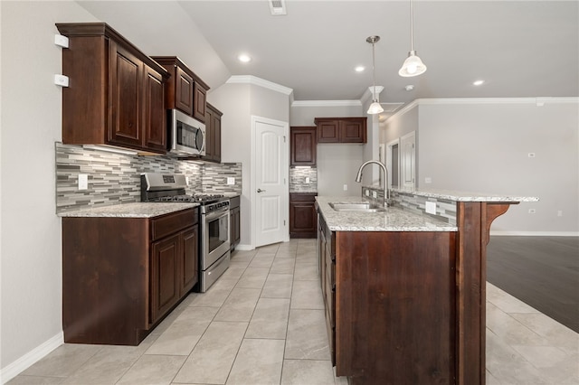 4471 W Oldham Dr, Fayetteville, AR 72704 - kitchen with stainless steel appliances, a sink, crown molding, tasteful backsplash, and light tile patterned flooring