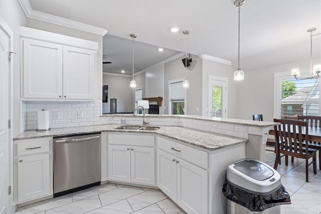 2204 N Kathryn Ln, Siloam Springs, AR 72761 - kitchen featuring dishwasher, a sink, backsplash, ornamental molding, and white cabinets