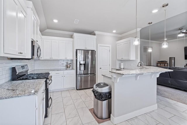 2204 N Kathryn Ln, Siloam Springs, AR 72761 - kitchen with appliances with stainless steel finishes, light marble finish flooring, open floor plan, ornamental molding, and a breakfast bar