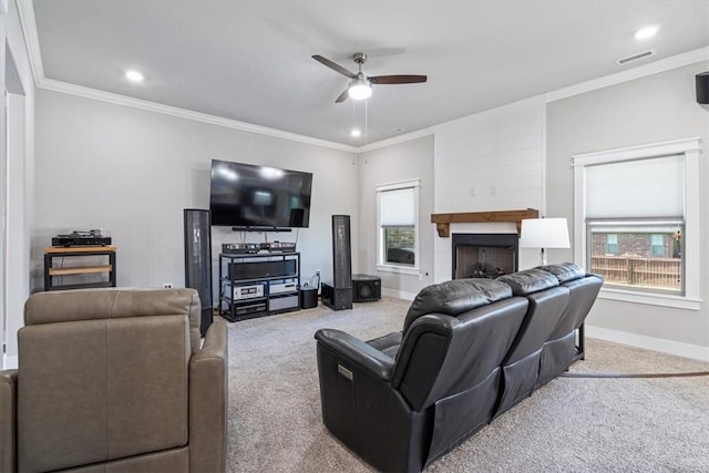 2204 N Kathryn Ln, Siloam Springs, AR 72761 - carpeted living area featuring ceiling fan, a fireplace, crown molding, baseboards, and recessed lighting
